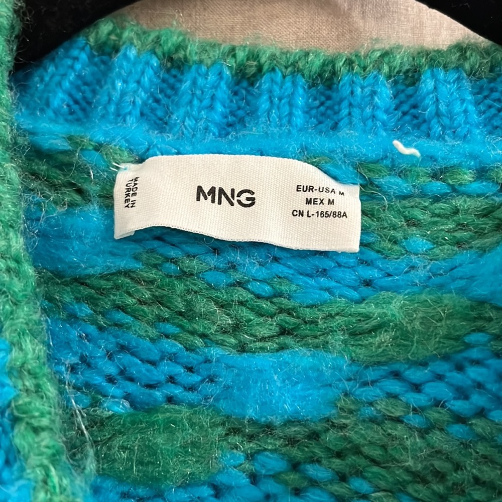 Mango MNG • bright blue green oversized striped knit sweater - Picture 7 of 11